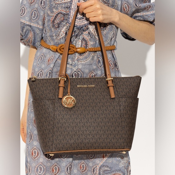 Women’s Handbag MICHAEL KORS Jet Set Leather Tote Brown Acorn AUTHENTIC NWT - Picture 1 of 11